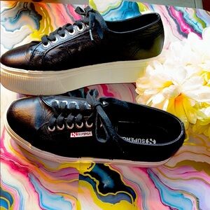 Superga Women's Black Leather Platform Sneakers